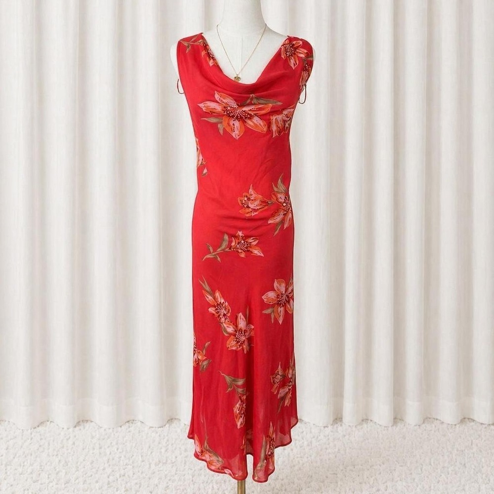 Y2K vintage Studio C red floral beaded mesh slip midi dress romantic summer